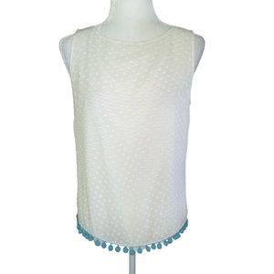 Sail to sable Silk White Swiss Dot Blue Pompom Fringe Tank Top - S